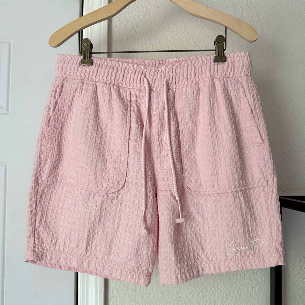 SAINTS STUDIO light pink cotton drawstring logo embroidered shorts